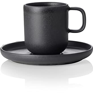 ROCKZZERO 6 Espressotassen und Untertassen im Set - Steingut, spülmaschinenfest - Tassen aus umweltfreundlichen Rohstoffen - Schwarz - 9 cl - Unterteller 11,5 cm Durchmesser