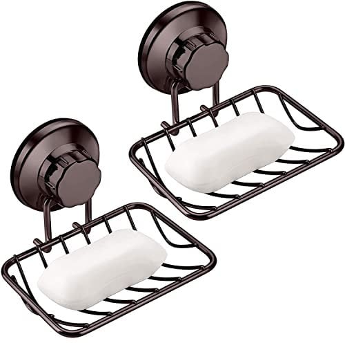 ARCCI Bar Soap Holder for Shower Wall, Stainless Steel Strong Vacuum Suction Cup Shower Soap Dish, Rustproof Wall Mouted Square Soap Sponge Holder Tray for Bathroom & Kitchen Sink, 2 Pack, Bronze