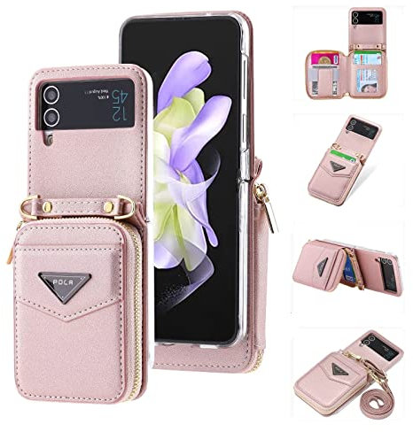 ESONG Coque pour Samsung Galaxy Z Flip 4 avec cordon,Cuir PU de portefeuille etui avec Fente pour Carte/support,Antichoc Protecteur Crossbody Housse,Protection téléphone Case Cover pour fille-Rose