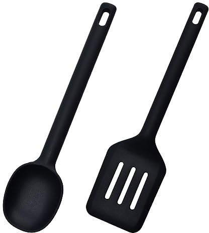 OSUWLSI Cucchiaio, Cucchiaio + scolapasta in Silicone Resistente alle Alte Alta qualità Temperature (Nero)