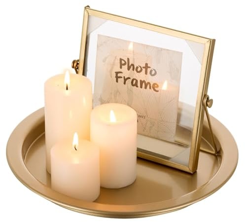 Sziqiqi Bandeja Decorativa para Velas 25cm, Portavelas Dorado para Velas de Pilares, Portavelas Redondo de Metal para Mesa de Café Organizador de Velas para Mesa de Comedor Baño Cocina