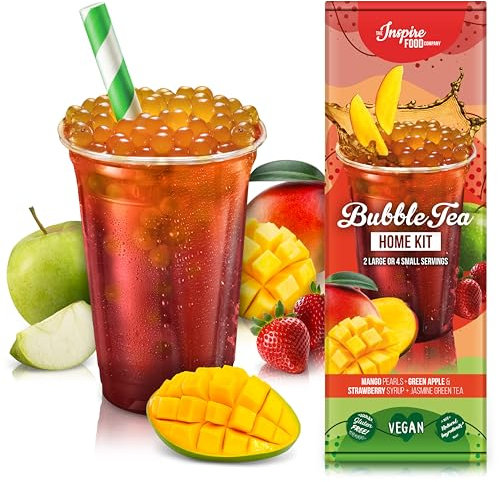 INSPIRE FOOD Bubble Tea Kit Complet - Bubble Tea Perles Mangue, Sirop de Fraise, Sirop de Pomme Verte, 4x Pailles + 2x Thé au Jasmin | 100% vegan, sans gluten, sans colorants artificiels