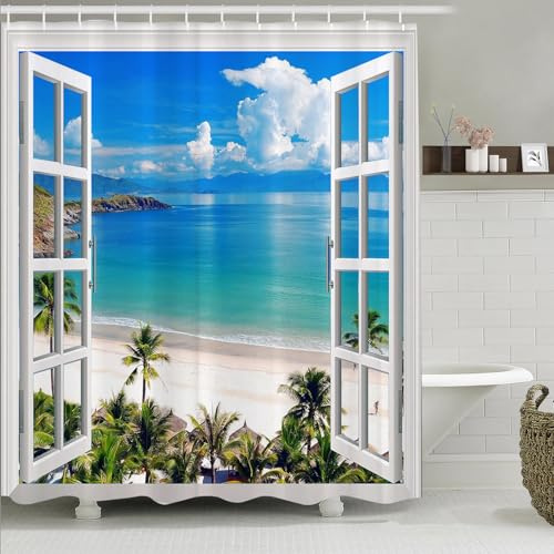 Simpomsy Beach Shower Curtain, 3D Ocean Seascape Sky Clounds Nature Tropical Palm Tree Seagull Window Views Anti Mould Bath Curtains for Bathroom 180x180cm