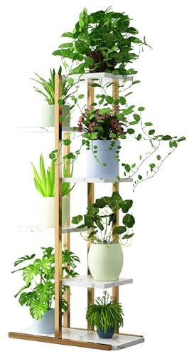 Haloppe Scaffale per piante, 6 ripiani, 7 vasi in metallo, scaffale per fiori, scaffale per fiori, scaffale per fiori, scaffale per patio, giardino, angolo balcone, soggiorno, bianco