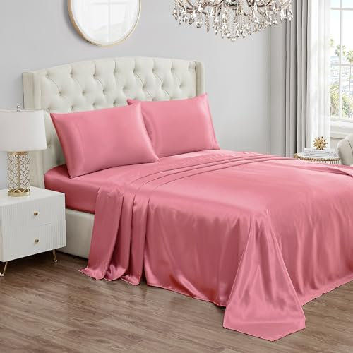 Juicy Couture Satin-Bettwäsche-Set in voller Größe, Tiefe Taschen, seidiger Satin-Bettlaken-Set mit 1 Spannbetttuch, 1 Bettlaken und 2 Kissenbezügen, knitterarm und fusselfrei, Satin-Bettlaken –