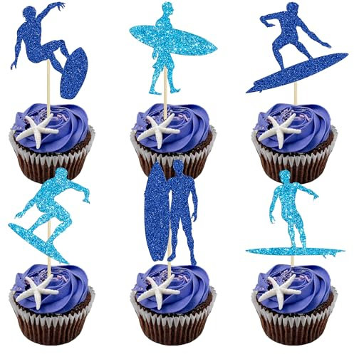 Ephlyn 24Pcs Surfing Cupcake Toppers Blue Glitter Surfboard Sport Cupcake Picks Surfs Up Ride the Waves Cake Toppers for Surf Theme Baby Shower Kids Birthday Party Cake Decor Supplies