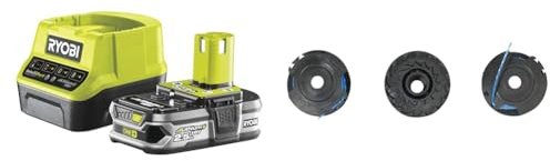 Ryobi 5133002237 Batterie d'outillage 18 V 2,5 Ah & Lot de 3 Bobines Simple Fil Ø 1,6mm, Longueur 4,5m pour Coupe-Bordure Électrique