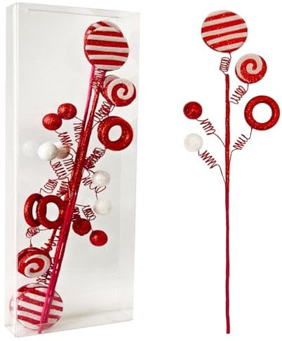 Grinch's 4-Piece Christmas Tree Picks & Sprays, 17-Inch Grinch Tree Decorations, Red & White Glitter Ornaments for Tree Topper Filler, Candy Cane Xmas Grinchmas Décor