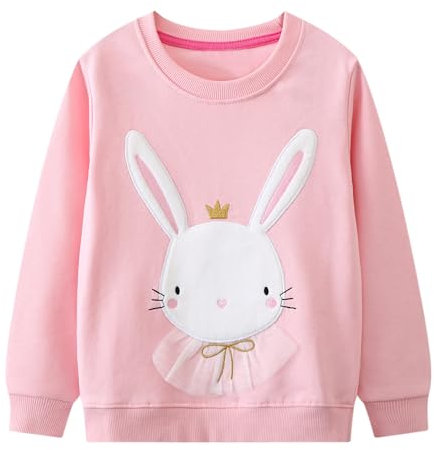 Dioshark Sweatshirt Mädchen Rosa Baumwolle Pullover mit Langarm Kaninchen Krone Cartoon Stickerei Langarmshirt Weich Frühling Herbst Pulli Warm Schule Sport Top für Kinder Alter 6-7 Jahre
