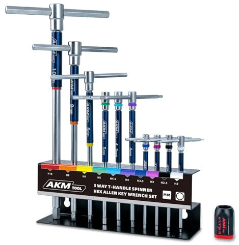 AKM TOOL Innensechskantschlüssel-Set, 3-Wege-T-Griff, metrisch, 2 mm-10 mm, Gleitgriff, T-Griff, Inbusschlüssel-Set mit magnetisiert und entmagnetisiert, für vielseitige Geschwindigkeits- und