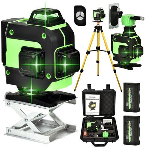 Livella Laser 16 Linee 4 x360°, Ultra Alta Precisione, Livella Laser Autolivellante Linee Laser Verde Livello con 2x 2400 Batterie Ricaricabili, con Treppiede,Staffa a Parete, Telecomadon