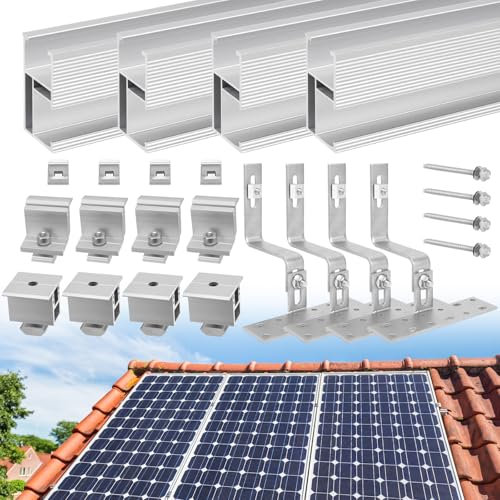 Therlan Solarmodul Halterung Ziegeldach Set Für 2 Module, Upgrade 200MM Aluprofil Photovoltaik Dachhaken, Verstellbar Solar Halterung Anwendbar Solarmodule Dick 30-45mm, Solarpanel Halterung Set