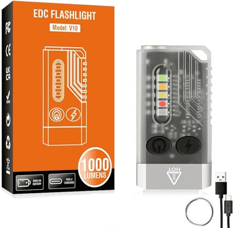 Bindokun LED Schlüsselanhänger Taschenlampe, V10 Mini 1000 Lumen Buzzer Keychain Light IPX4 Wasserdichte Taschenlampe Magnetisch USB Aufladbar for Camping Taktische mit 14 Modes (Weiß)