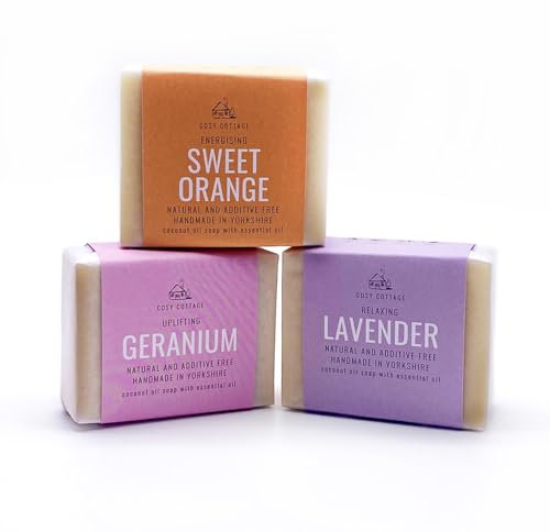 Cosy Cottage Natural Soap Bar Bundle Pack of 3 x 110g | Handmade Bath Soap Bars | Sweet Orange, Lavender, Geranium & Orange| Body Wash | Cruelty Free & Moisturising