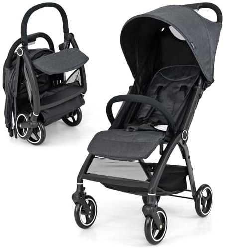 LIFEZEAL Faltbarer Kinderwagen mit neigbarer Rückenlehne, Kinderbuggy mit verstellbarem Sonnendach, 5-Punkt-Sicherheitsgurt, Universalrädern, Aufbewahrungskorb, Tragfähigkeit 15 kg (Grau)
