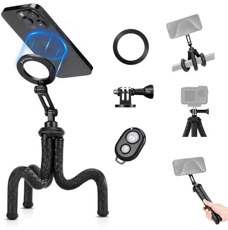 K&F Concept Treppiede Magnetico MS36, Mini Treppiede per Smartphone con Telecomando Bluetooth, Bastone Selfie Octopus Flessibile con Adattatore per Fotocamera Sportiva, Gorillapod per iPhone/Sumsung