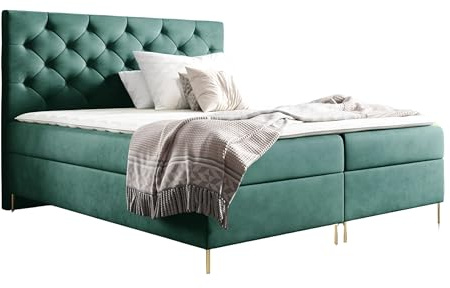 Sofello Boxspringbett SARA 200 x 200cm 2X Bettkasten Topper 5cm Gratis Grau Velour mit Beine gepolstertes Bett 180 x 200 cm (Riviera 38 - grün, 160x200)