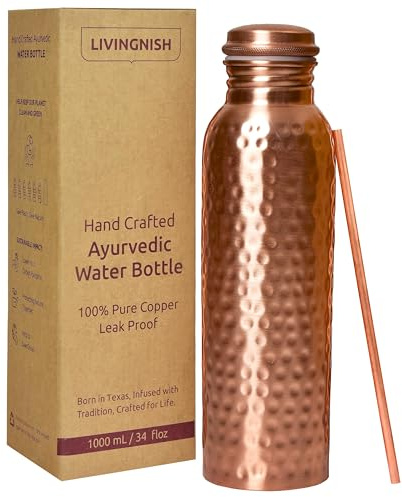 LIVINGNISH Premium Pure Copper Water Bottle for Drinking – Extra Large 34 Oz Wide Mouth, Hammered Ayurvedic Copper Water Bottle with Straw – Handcrafted Leak-Proof Vessel, Reusable & BPA-Free