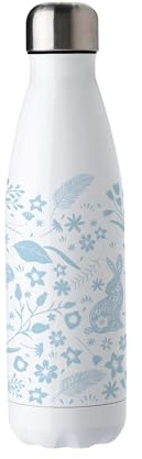 Purely Home Blue Wild Rabbits Stainless Steel Water Bottle - Floral Presents for Animal Lovers - Double Walled 500ml Metal Hot/Cold Drinks Bottle Outdoor Gifts