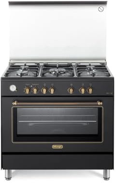 De'Longhi PEMA 965 CSG Cuisine à Gaz, 90 cm, Four électrique multifonctionnel, 5 brûleurs, 1 double couronne, couvercle en verre, ligne country, couleur noire, classe énergétique A
