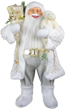 Home of Christmas Statua in piedi di Babbo Natale | Santa Claus | Nikolaus | Figure natalizie da esposizione (Bianco-Oro con orsacchiotto, 80 cm)