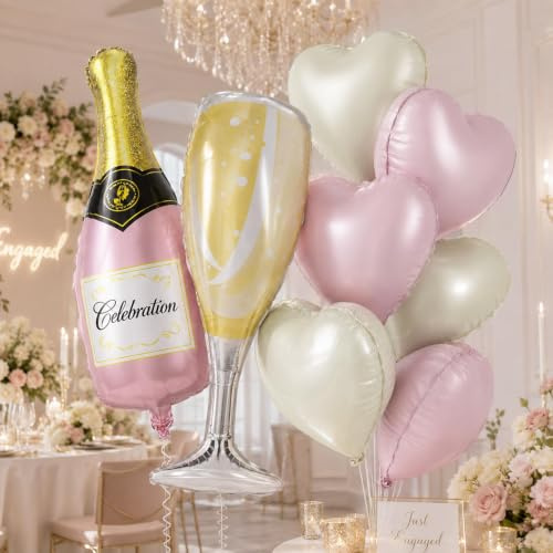 Pink Beige Heart Balloons with 37inch Champagne Bottle Glass Foil Balloons, Helium Pink Cream Heart Shaped Wine Balloon for Boho Girls Women Birthday Baby Shower Bridal Valentines Wedding Party