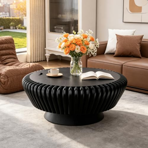 RYDZCLH Runder Couchtisch Mit Stauraum,90Cm, Runder Couchtisch Mit Rillenstruktur,Wohnzimmertisch Im Mid-Century-Modern-Stil Für Wohnzimmer & Apartments (Black 90cm)