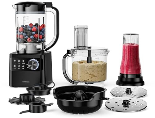 Klarstein Velaire Küchenmaschine mit Mixer – 1200 W Multifunktions-Küchenmaschine, 2-Liter-Schüssel, 1,75-Liter-Mixer, 6 Programme & Geschwindigkeiten, Entsafter & Fleischwolf-Aufsätze