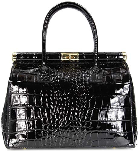 Belli The Bag XL italienische Leder Henkeltasche Handtasche Damen Ledertasche Umhängetasche - 34x25x16 cm (B x H x T) (Schwarz Lack Kroko)