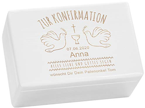 LAUBLUST Holzkiste zur Konfirmation - Geschenkkiste Personalisiert mit Gravur - Tauben Motiv | Personalisiertes Konfirmationsgeschenk mit Name & Datum, FSC® (Weiß, ca. 30 x 20 x 14 cm | M)