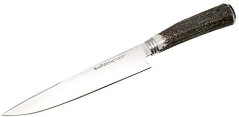 Muela Cuchillo GAUCHO-20A hoja de acero MoVa de 20 cm y empuñadura de asta de ciervo para Caza, Pesca, Supervivencia y Bushcraft Realizado en Ciudad Real + Portabotellas de regalo
