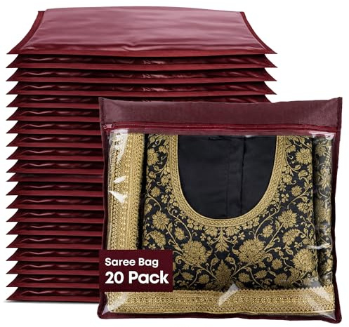 LIVIVO Pack of 20 Saree Storage Bags – Clear Zip Garment Organisers for Sarees, Dresses & Clothes – Dust-Proof, Moisture-Resistant Wardrobe Storage with Transparent Window (Red, 42x35cm)