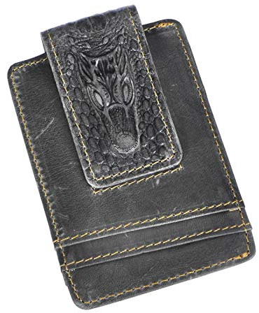 Le’aokuu Herren Echtes Leder Geldbörse Brieftasche mit Dollar Clip Geldklammer Kreditkartenetui 1058 (1058 Grau Krokodil)