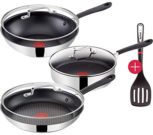 Tefal G435S8 Jamie Oliver Induktion Pfannenset 7-teilig 28cm Pfanne mit Glasdeckel + Wokpfanne 28cm mit Deckel + Schmorpfanne 25cm mit Deckel, Pfannenwender, Antihaft Pfannen, Induktionsherd geeignet