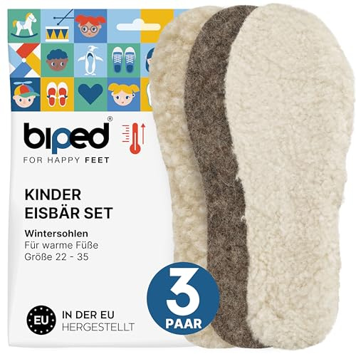 biped 3 Paar Kinder Einlegesohlen Winter Set EISBÄR - Extra wärmende Schuheinlagen mit echter Lammwolle, Lammfell und Wollfilz z2729(26-27)