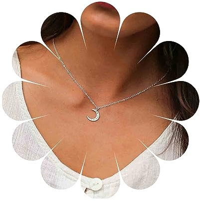 Yheakne Boho Strass Luna Collana CZ Mezzaluna Ciondolo Collana Catena Minimalista Collana Gioielli Festival per Donne e Ragazze Adolescenti (Argento)