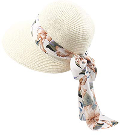 KUKICAT Femme Casquette Visière en Paille Large Bord Chapeau de Soleil Plage Anti-UV Soleil Capeline avec Ruban Florales Eté Sun Hat Sport pour Voyage Vacances Pêche