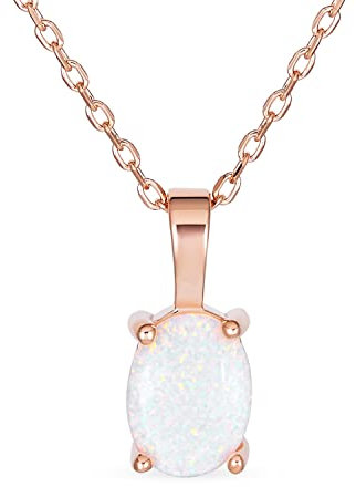 Classic Simple Gemstone 1CTW Solitaire Oval White Rainbow Created Opal Pendant Necklace For Women Teen Rose Gold .925 Sterling Silver October Birthstone