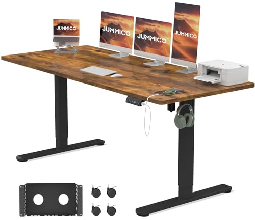 JUMMICO Electric Standing Desk 160x80 cm with Charging Port, Height Adjustable Computer Desk with Cable Tray,Ergonomic Sit Stand up Desk Rising Table Home Office Furniture, Vintage Brown