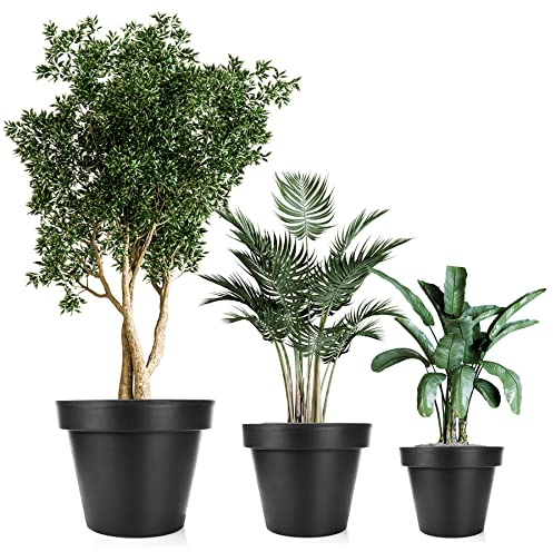 BigDean 3er Set Blumentopf ø 40 & 50 & 60 cm Classic anthrazit - wiederverschließbarer Wasserablauf - wetterfest aus bruchsicherem Kunststoff - Pflanzkübel groß Außen & Innen geeignet