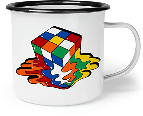 OM3® Magic Cube Emaille-Tasse Puzzle Game Nerd Retro | Emailletasse Emaille Becher | 12oz 300ml | Beidseitig Bedruckt | Weiß-Schwarz