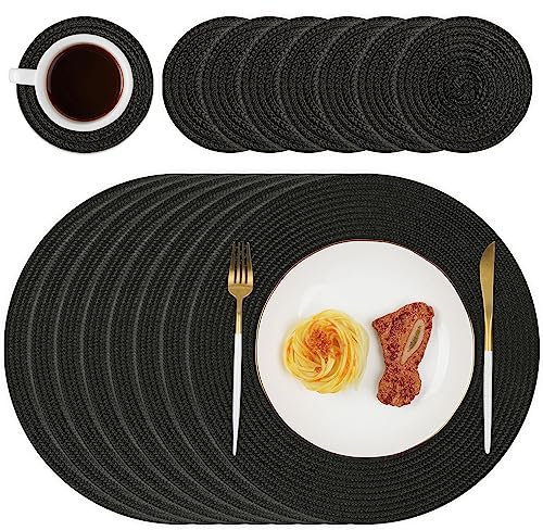 Homcomodar Round Table Place Mats with Coasters Set of 8 Black Heat Resistant Placemats Set Round Woven Table Mats for Dining/Kitchen Tables