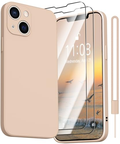 Kukiwhy für iPhone 13 Mini Hülle mit 2 Stück Panzerfolie, Handyhülle für iPhone 13 Mini 5G Ultra Dünn Slim mit Microfiber, Kratzfeste Rundumschutz Schutzhülle für iPhone 13 Mini Case-Beige