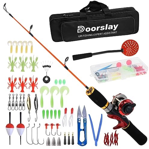 Doorslay Ice Fishing Rod Reel Combo Complete Kit with Ice Skimmer and Carry Bag Lures Hooks Swivels Accessories for Men Women