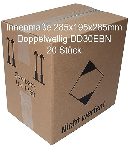 Wellpapp stabiler Faltkarton Karton Versandkarton 285x195x285mm, 20 Stück, Fefco 0201 GL BS, Doppelwellig 7310 DD 30 EBN, stossende Klappen, 20kg,Ideal für 2x5 Literkanister