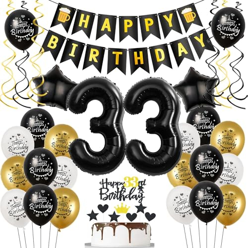 Luftballons 33. Geburtstag Schwarz Golden, Geburtstagsdeko 33 Jahre Mann Frauen, Ballon 33. Geburtstag, Folienballon Zahl 33, deko 33. geburtstag Frauen, Schwarz Tortendeko 33 Mann Deko