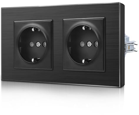 CNBINGO Aluminium Doppelsteckdose mit Spannkrallen - Zweifach Schuko Steckdose Unterputz - Schutzkontakt Einbau Wandsteckdose mit Rahmen aus Aluminium- 2 Fach - Schwarz