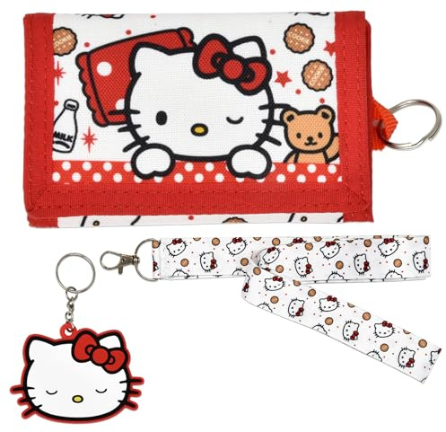 HELLO KITTY Trifold Kids Girls Travel Purse Wallet Gifts and Accessories, with Zipped Coin Pockets, Detachable Lanyard Face Charm Keychain