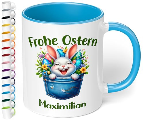 Tasse als Ostergeschenk personalisiert „Frohe Ostern“ Motiv: Osterhase Ostereier – 330ml Keramik Kaffeetasse mit Spruch – kleine Geschenke zu Ostern Easter gift (Hellblau)