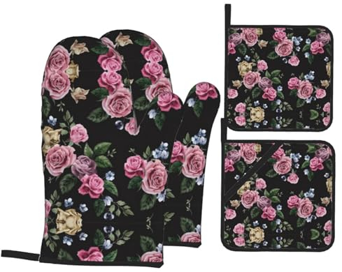 Ufuson Ensemble de gants de cuisine et maniques résistants à la chaleur avec poignée antidérapante pour pâtisserie, barbecue et cuisine Noir